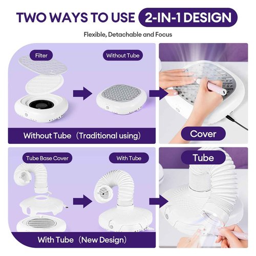 Nail Dust Collector Tech Professional: LED Light Flexible Tube 650PA Powerful Suction - Nail Dust Vacuum Machine 3 Adjustable Speeds Ultra-Quiet for Manicure Pedicure Model Craft Sanding