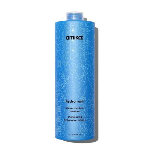 amika hydro rush intense moisture shampoo with hyaluronic acid, 1000ml | for dry, textured, or coarse hair types 2a-4c, long-lasting hydration, color-safe, keratin + chemically treated safe