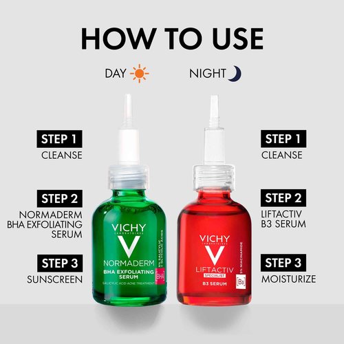 Vichy Acne Prone Skin Bundle, Normaderm BHA Exfoliating Serum and LiftActiv B3 Niacinamide Serum
