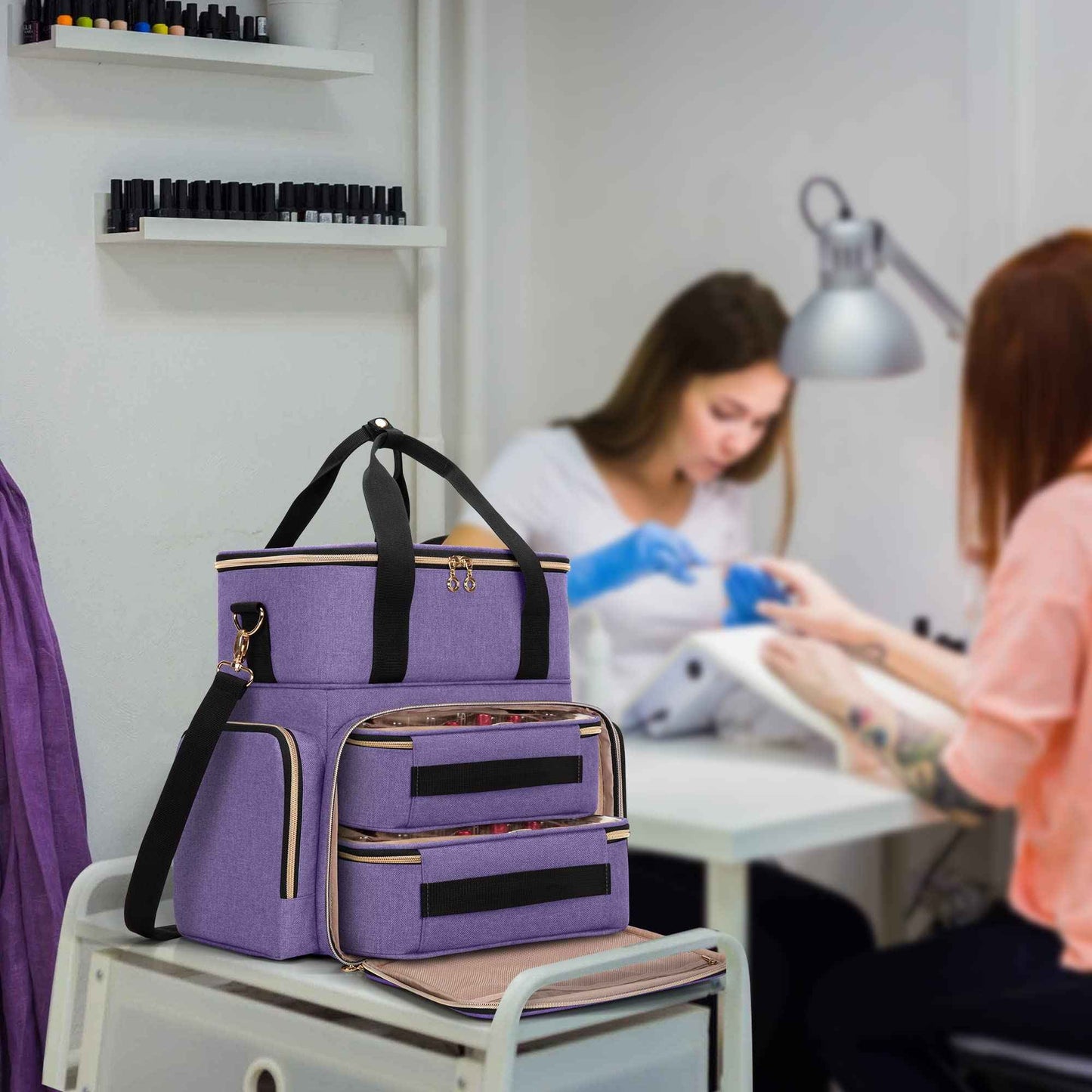 LUXJA Nail Polish Organizer Holds 70 Bottles and a Nail Lamp, Nail Polish Case with 2 Removable Bags and Tools Storage Pockets (Patent Pending), Purple