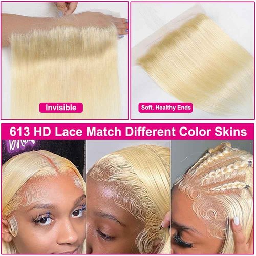 MSTOXIC 613 Frontal Straight 13x6 Transparent HD Lace Frontal Closure 12A Brazilian Virgin Remy Hair Free Part Ear to Ear Blonde Frontal Human Hair For Women Pre Plucked With Baby Hair 150% 18 Inch