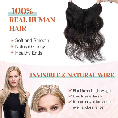 Benehair Halo Hair Extensions Real Human Hair, Halo Hair Extension 100% Human Hair, Wavy Halo Extensions Human Hair, Curly Human Hair Halo Extensions, Wire Hair Extension, Natural Black 60g/14inch