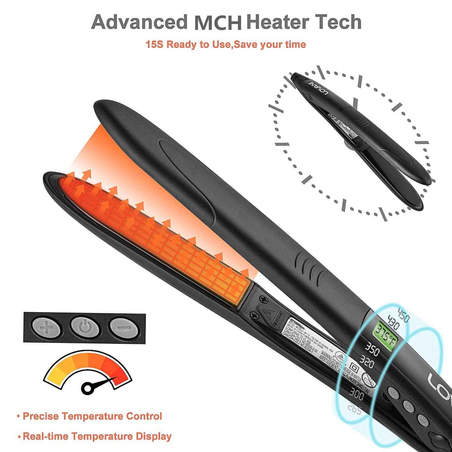 LOVANI Titanium Flat Iron, 450F High Heat Hair Straightener with Digital LCD, Dual Voltage, Auto Shut Off, Heat Resistant Bag, Glove and 2 Hair Clips (7 Piece Set), Black