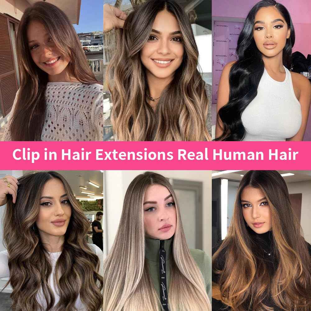 Goulus Clip-in Hair Extensions - Real Human Hair, 120g, 8pcs, Silky Straight, Chocolate Brown & Caramel Blonde, Double Weft, Thick Clip Ins (4/27/4,24)