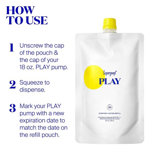 Supergoop! PLAY Everyday Lotion SPF 50 Pump Refill Pouch - Broad Spectrum Body & Face Sunscreen - Great for Active Days - Fast Absorbing, Water & Sweat Resistant - 18 fl oz