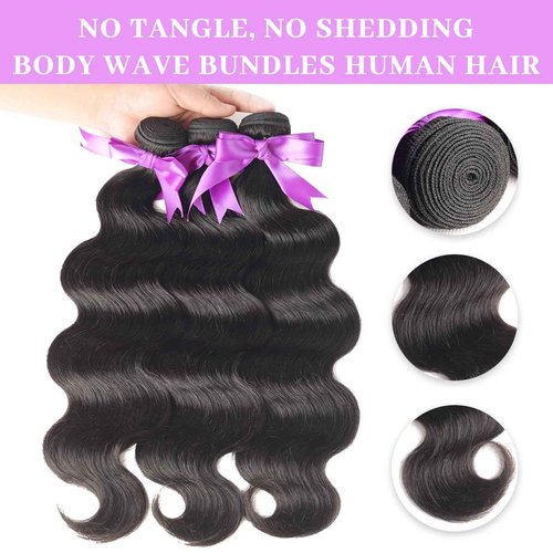 18 20 22 Inch Real Human Hair Bundles Body Wave 3 Bundles Unprocessed Natural Black Remy Body Wave Brazilian Virgin Cambodian Hair Wavy, 1b, No Tangle No Shedding, True to Length