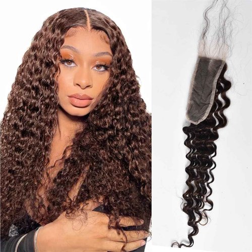 Brazilian Chocolate Brown 4# Deep Wave 2x6 Lace Closure - 100% Unprocessed Human Virgin Hair - Deep Curly - Chestnut Brown - 18inch
