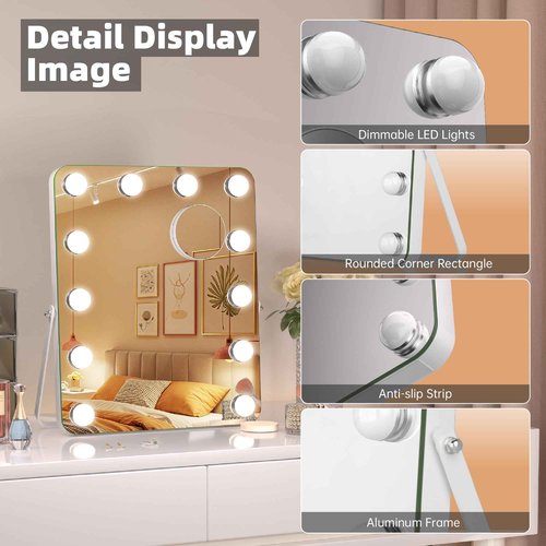 MINISO Vanity Mirror with Lights and Bluetooth Speaker- 11.4" x 13.8" Hollywood Makeup Mirror with 3 Color Lights, Smart Touch Control, 360°Rotation,Rounded Rectangle White Frame