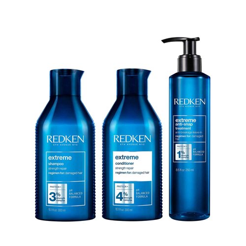 Redken Extreme Shampoo, Conditioner & Anti-Snap Leave-In Treatment Set For Damaged Hair - Repairs and Reduces Breakage, Infused With Proteins