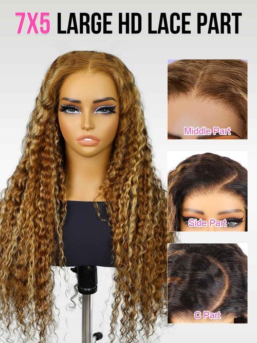 BGM GIRL Highlight Glueless Wig Human Hair 7x5 HD Lace Water Wave Wig 4/27 Color 180% Density Pre Plucked Invisible Knots Pre Cut Lace Wear Go Deep Wave Wigs for Women Beginner Friendly 16 Inch