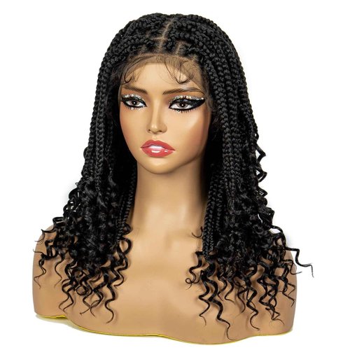 sedittyhair Synthetic Full Lace Knotless Braided Wigs with Curly Ends for Black Women Handmade Braiding Wigs with Baby Hair 16 inches Lace Frontal Braids Wig (1B Color)
