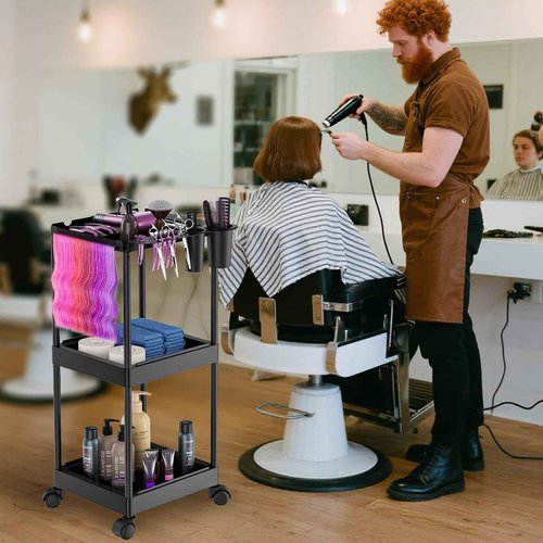 Salon Tray Cart, Rolling Hair Salon Cart with Storage Platform & Hair Separator Stand, Multi-Function 3 Tier Salon Tray for Hairstylist Tool Storage Trolley, Sturdy Mobile Hairdressing Barber Station