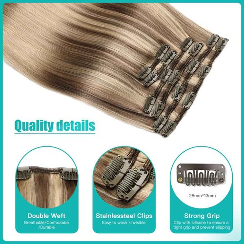 SURNEL Clip in Hair Extensions Balayage Golden Brown to Caramel Blonde Clip in Hair Extensions Real Human Hair 16inch 6pcs 100g(#10/27/27,16'')