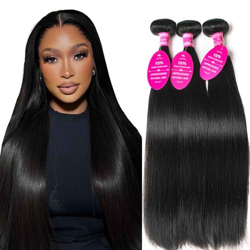12A Straight Bundles Human Hair 18 20 22 Inch 3 Bundles Double Weft Brazilian Hair Extensions Straight Human Hair Bundles 100% Unprocessed Virgin for Women Natural Color