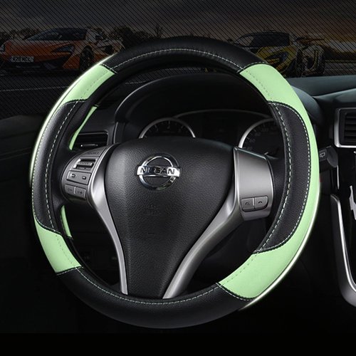 Leather Car Steering Wheel Cover, Non-Slip Car Wheel Cover Protector Breathable Microfiber Leather Universal Fit for Most Cars (Green)