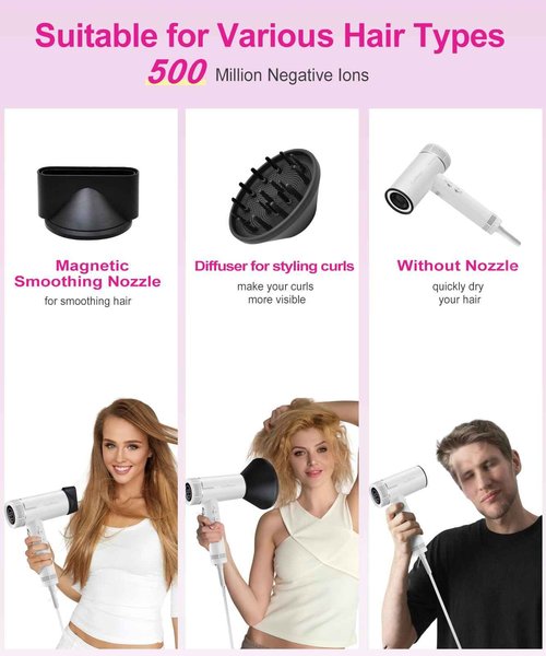 High-Speed Ionic Hair Dryer: 160000 RPM Brushless Motor Fast Drying Low Noise Thermo-Control Hairdryer,500 Millions Negative Ionic Care Blow Dryer Travel with Magnetic Diffuser & Nozzle