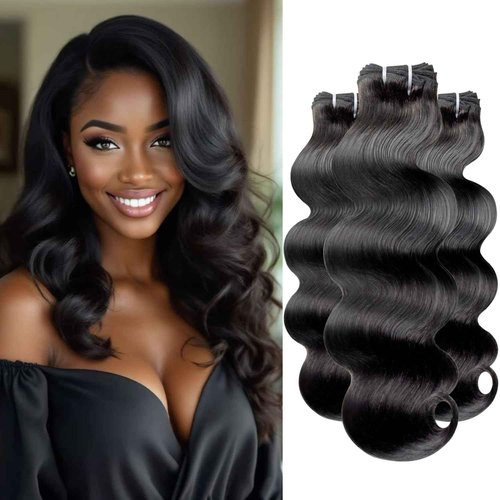 AUROO 14A Raw Bundles Human Hair Body Wave, 100% Indian Virgin Raw Hair Bundles Wavy Long Lifespan No Shedding Double Drawn Premium Full-Bodied Quality Quick Weaves #Natural Black (14 14 14 Inch)
