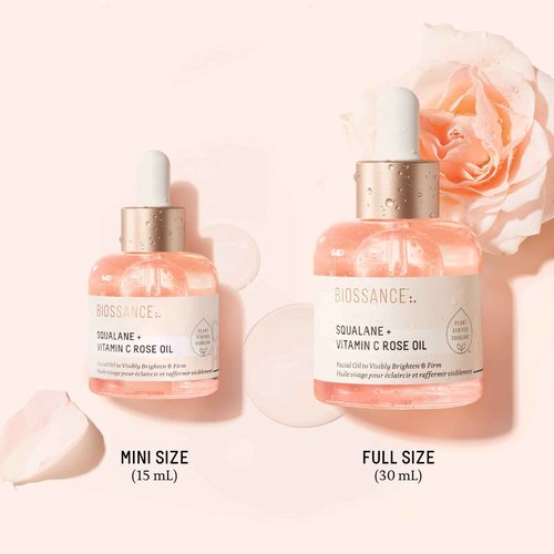 BIOSSANCE Squalane + Vitamin C Rose Advanced Facial Oil - Brightening, Firming, and Hydrating Serum for All Skin Types - Chios Crystal Oil, Damascus Rose Extract & Squalane for Radiance - 1oz