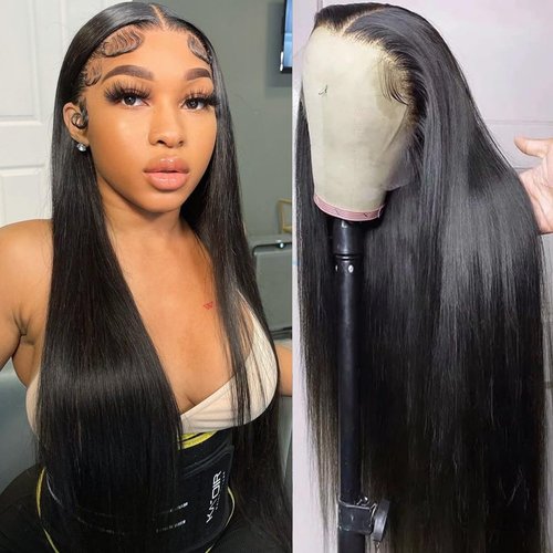 7senwid Straight Lace Front Wigs Human Hair Wigs For Black Women Straight Black Wig13x4 Lace Frontal Glueless Wigs Human Hair Pre Plucked Pre Cut With Baby Hair （18 Inch,130% Density