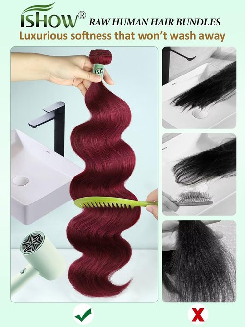 ISHOW Raw Human Hair Bundles, 100% Unprocessed Virgin Human Hair, 15A Body Wave Premium Quality Bundles Producer, 14 Inch Single Bundle, Long Lasting, Red Burgundy Color 99J