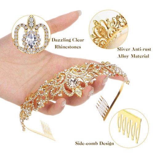 Tigeen 20 Pcs Crystal Tiara Crowns Princess Crown for Women Crown with Combs Rhinestone Princess Tiara Bride Crown for Birthday Party Bridal Wedding Prom Hair Accessories(Gold)