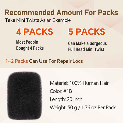 Afro Kinkys Bulk Human Hair -100% Real Human Hair for Mini Twist, Braiding, Loc Extensions & Crochet, Kinky Curly Hair Bundles, Natural Afro Bulk for Dreadlocks(1B, 20 Inch(Pack of 1))