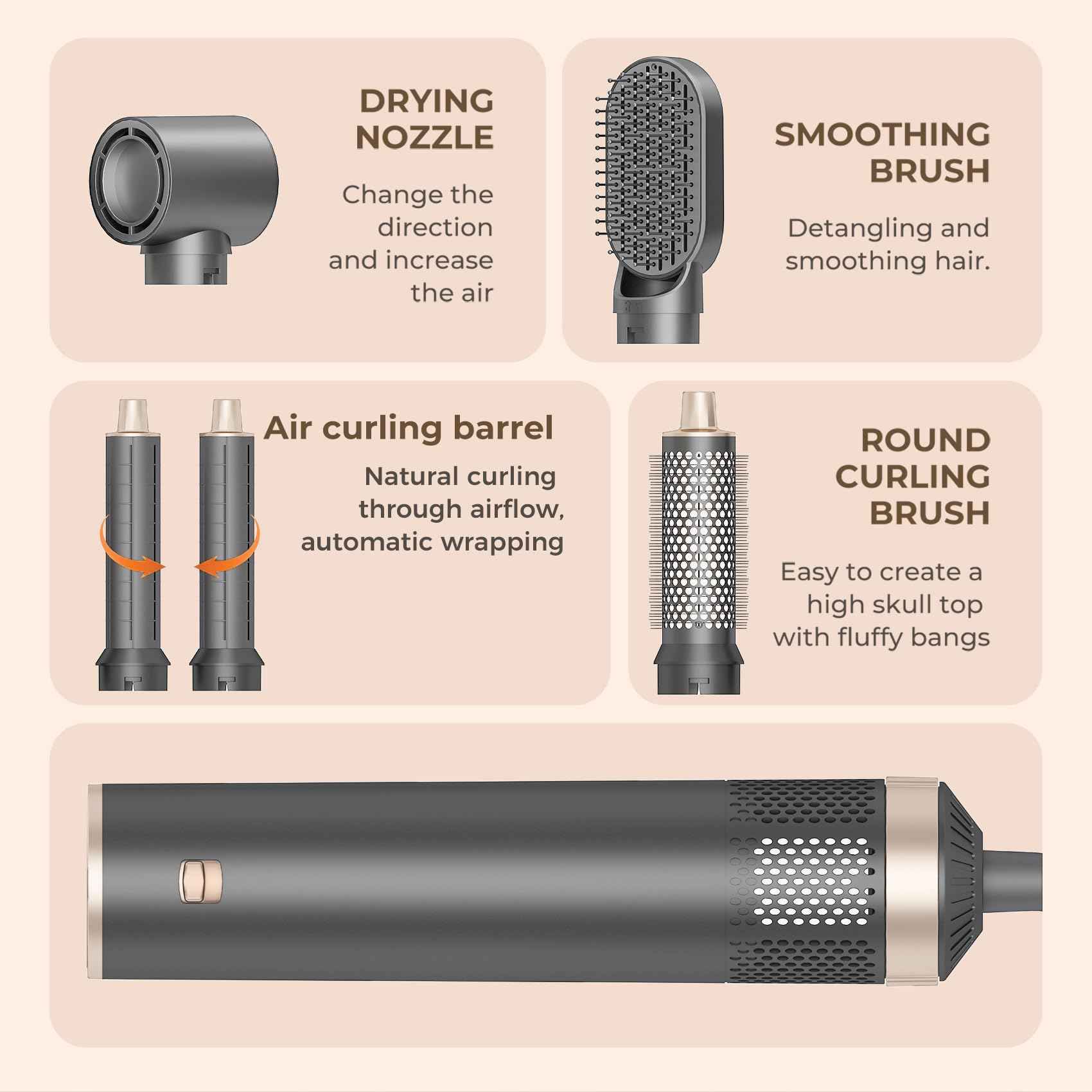 5 in 1 Hair Styler & Hair Dryer Brush, Low-Speed Negative Ionic Air Styler Drying, Multi Hair Styler, Professional Blow Dryer Brush for Curling Volumizing Straightening Styling