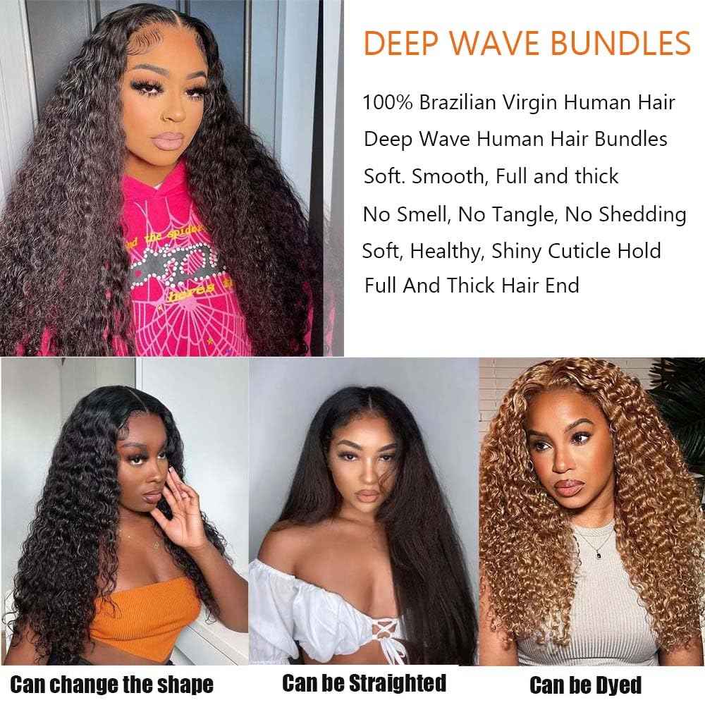 12A Deep Wave Human Hair Bundles Deep Wave Curly Bundles Human Hair 100% Unprocessed Brazilian Virgin Remy Wet and Wavy Human Hair Weave Bundles Natural Black 1 Bundles 22 Inch