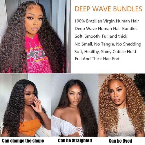Deep Wave Bundles Human Hair 3 Bundles 12A Brazilian Virgin Human Hair Deep Curly Wave Extensions 100% Unprocessed Human Hair Weave Bundles Natural Black Color 12 14 16 Inch