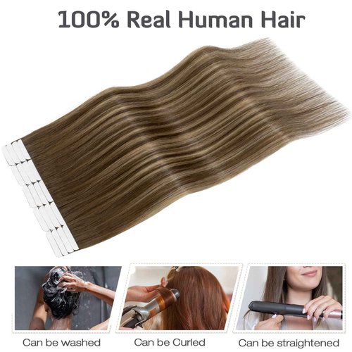 S-noilite Tape In Hair Extensions Human Hair Real Natural Straight Silky Remy Hair Seamless Double Side Tape in Hair Extensions for Women (22 Inch, (4/27)/4 Chocolate Brown to Caramel Blonde)