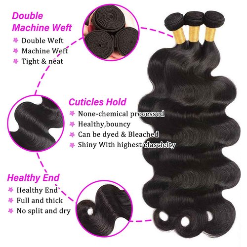 12A Human Hair Bundles 18 20 22 Inch Body Wave 3 Bundles Human Hair 100% Unprocessed Brazilian Virgin Hair Bundles Quick Weave Hair Extension Natural Black