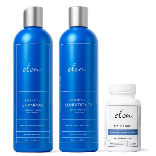 Elon Complete Kit for Thinning Hair – Elon Essential Shampoo and Conditioner Set + Matrix 5000 Hair Growth Supplement – NO Sulfates, Parabens or Phthalates