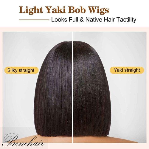 Benehair 14 Inch Light Yaki Straight Human Hair Wig Bob Wig with Bangs 2.75x1 Realistic Look Lace Glueless Wigs Human Hair Blunt Cut Short Black Bob Wig with Bangs 180% Density Natural Black
