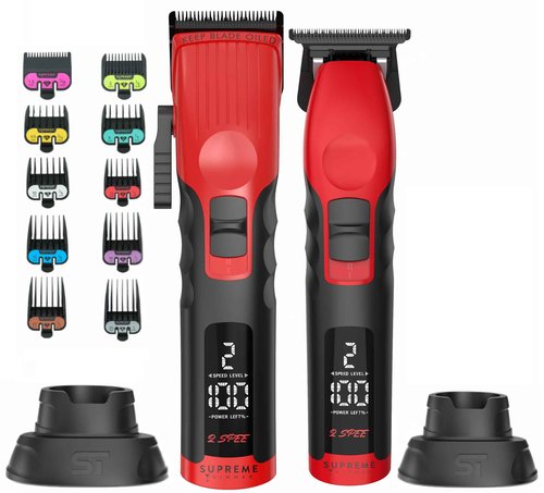 Supreme Trimmer 2-in-1 2Spee Beard Trimmer & Hair Clipper Combo | Removable Blades, 2 Speeds, LCD Display | Cordless Professional Barber Tools - Easy Color Coded Clipper Guide Combs | STB280 (Red)