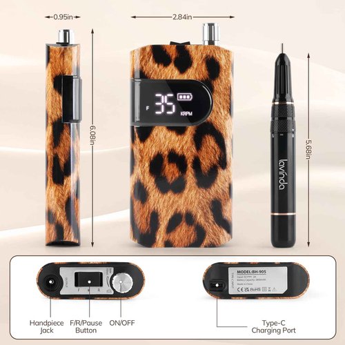 Lavinda 35000RPM Electric Nail Drill, Professional Cordless Nail Drill Machine Portable Rechargeable Nail Efile for Acrylic Gel Nails, Manicure Pedicure Tools for Salon Home Use-Leopard Print