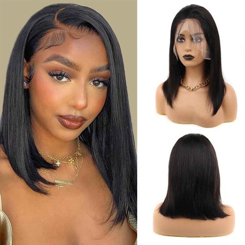 aallinine 13x4 Lace Front Bob Wigs Human Hair HD Lace Bob Wig Human Hair Straight Frontal Bob Wigs for Black Women Pre Plucked with Baby Hair 10 Inch Natural Color