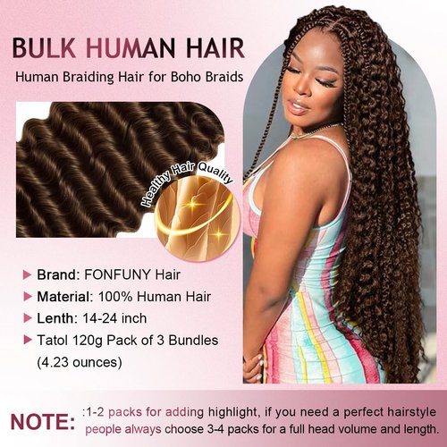 FONFUNY Human Braiding Hair for Boho Braids 120g Deep Wave Boho Bulk Human Hair for Braiding Knotless 12A Curly Wet and Wavy Bohemian Braids No Weft 3 Bundles/Pack Chocolate Brown 24 Inch