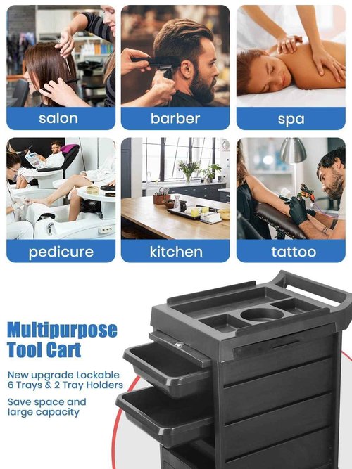 EBANKU Salon Beauty Rolling Trolley Cart, Black Hair Salon Storage Cabinet Barber Organizer Tool Multi Drawers Rolling Cart Free Standing Furniture with 4 Universal Wheels Hair Salons Supplies