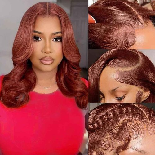 KINSTAR 13x6 Reddish Brown Lace Front Wigs Human Hair HD Lace Front Wigs Human Hair 180 Density Body Wave Frontal Wigs Colored Glueless Wigs 14Inch