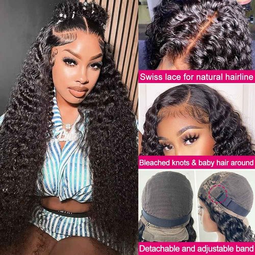 SOSATISFY Deep Wave Lace Front Wigs Human Hair 4x4 HD Transparent Lace Closure Wigs Glueless 180% Density Human Hair Wigs for Black Women Pre Plucked with Baby Natural Hairline (20 inch)