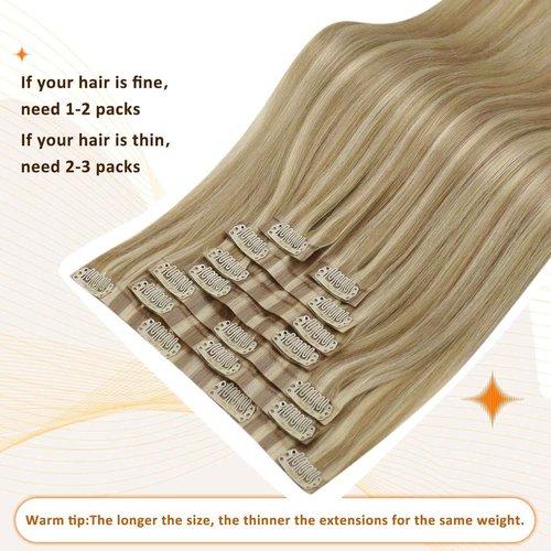 Full Shine Human Hair Clip in Extensions Balayage Seamless Hair Extensions Clip ins Golden Blonde Mix Light Blonde Real Hair Extensions for Women 18 Inch 8 PCS 120 G