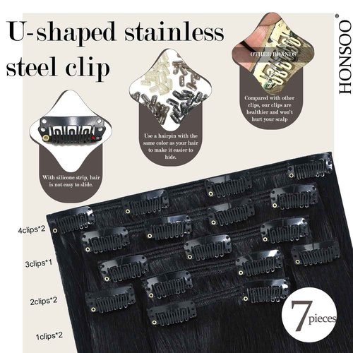 Honsoo Black Hair Extensions Clip in Real Human Hair Extensions Jet Black 20in 120g 7Pcs Long Straight Soft Hair Extensions For Black Women