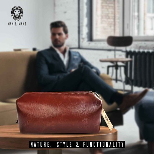 MAN & MANE Premium Leather Toiletry Bag for Men & Women – Classic Dopp Kit Travel Shaving Bag (Cognac Brown)