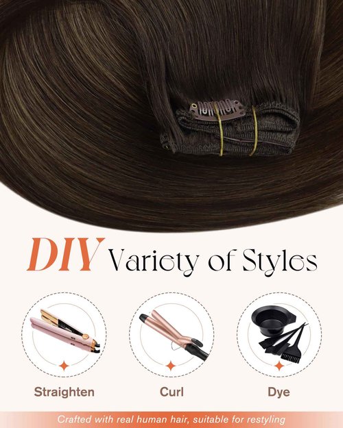 Sunny Hair Clip in Hair Extensions Straight Human Hair Clip in Extensions Remy Clip in Hair Extensions Real Human Hair Extensions Clip ins Dark Brown Ombre Medium Brown Balayage 18inch