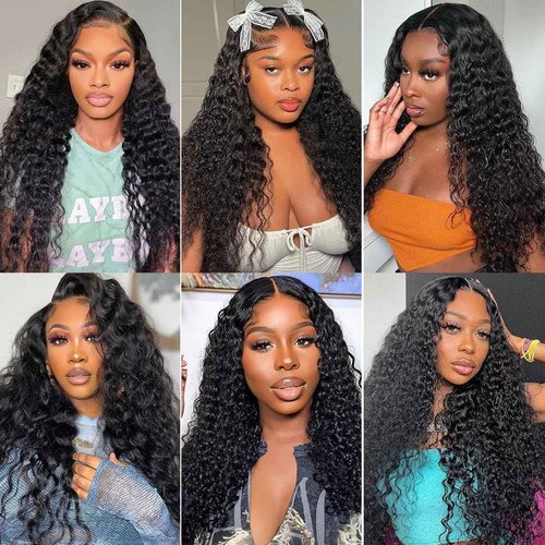 XVE 13x4 Deep Wave Lace Front Wigs Human Hair 200 Density HD Lace Frontal Wig For Women Brazilian Hair Curly Wigs Natural Black Color 28 Inch