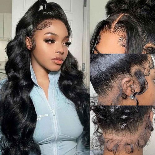 Abijale 360 Lace Front Wigs Human Hair 220% Density Hidden Straps Body Wave HD Lace Front Wigs with Drawstring 360 Full Lace Wigs Brazilian Virgin Human Hair Wig for Women Natural Black 20Inch