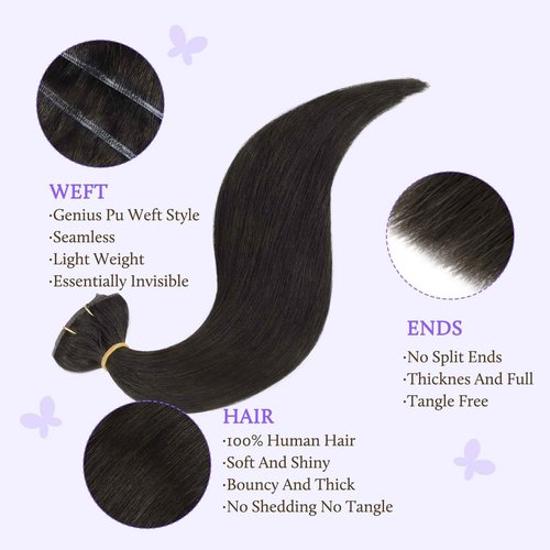 DOORES Human Hair Extensions, Natural Black 16 Inch 7 pcs 120g, Genius Seamless Clip in Hair Extensions with Invisible Weft and Straight Invisi Edge