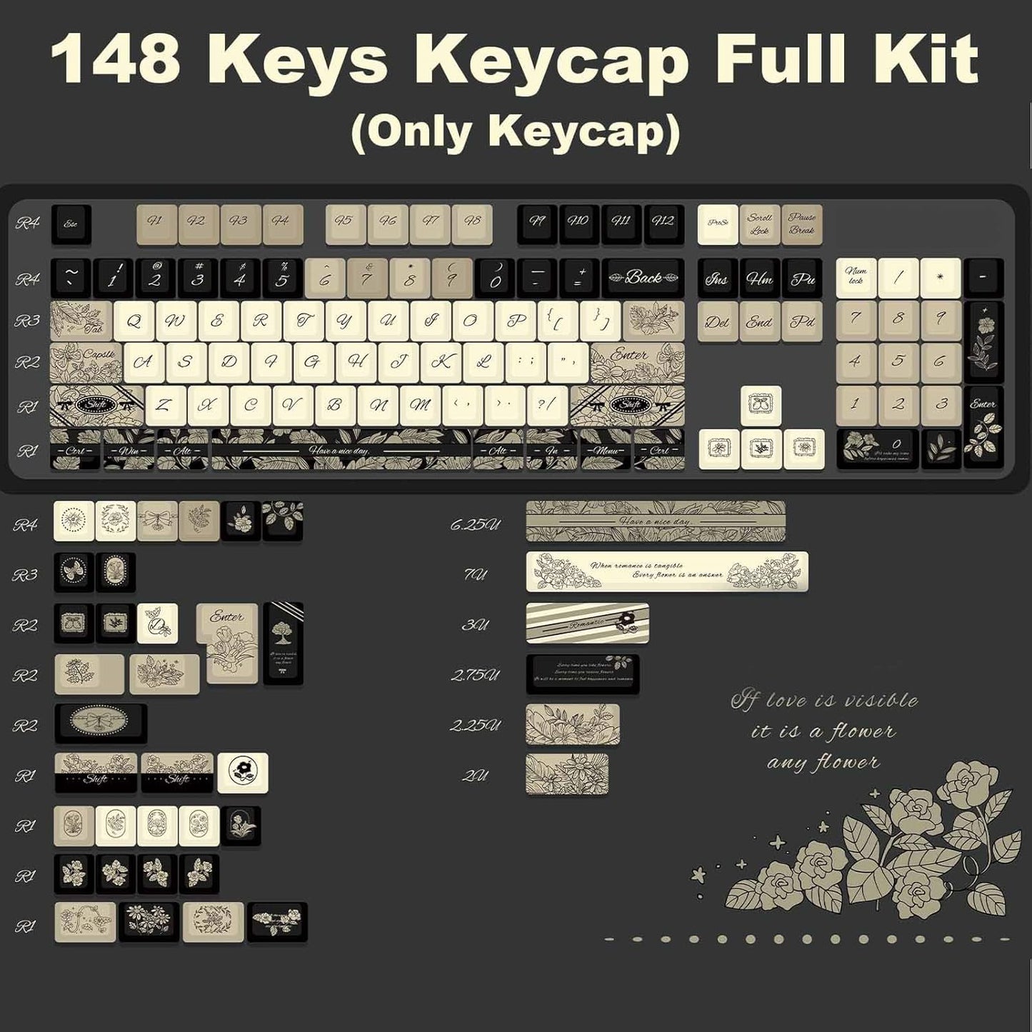 145 Keys PBT Keycap Cherry Profile, Light Blue White Black Bow Aesthetic Dye Sublimation Gaming Custom Keycaps for ANSI/ISO Layout Mechanical Keyboards