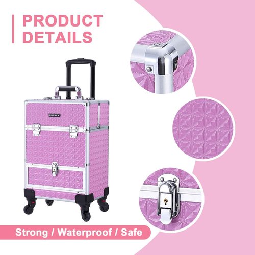 TOPACK Rolling Makeup Train Case,Professional Cosmetology Case on Wheels,Large Cosmetic Organizer Trolley Case,Makeup Travel Case with Draws,Nail Artist Hairstylist Storage Traveling Cart Trunk,Pink