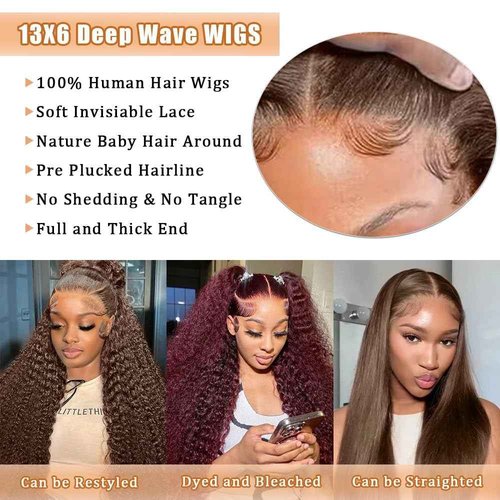 QWedafy Chocolate Brown Lace Front Wigs Human Hair 13x6 Deep Wave Lace Front Wigs Human Hair 200 Density HD Colored Deep Curly Lace Frontal Wigs for Women Pre Plucked with Natural Hairline (24inch)